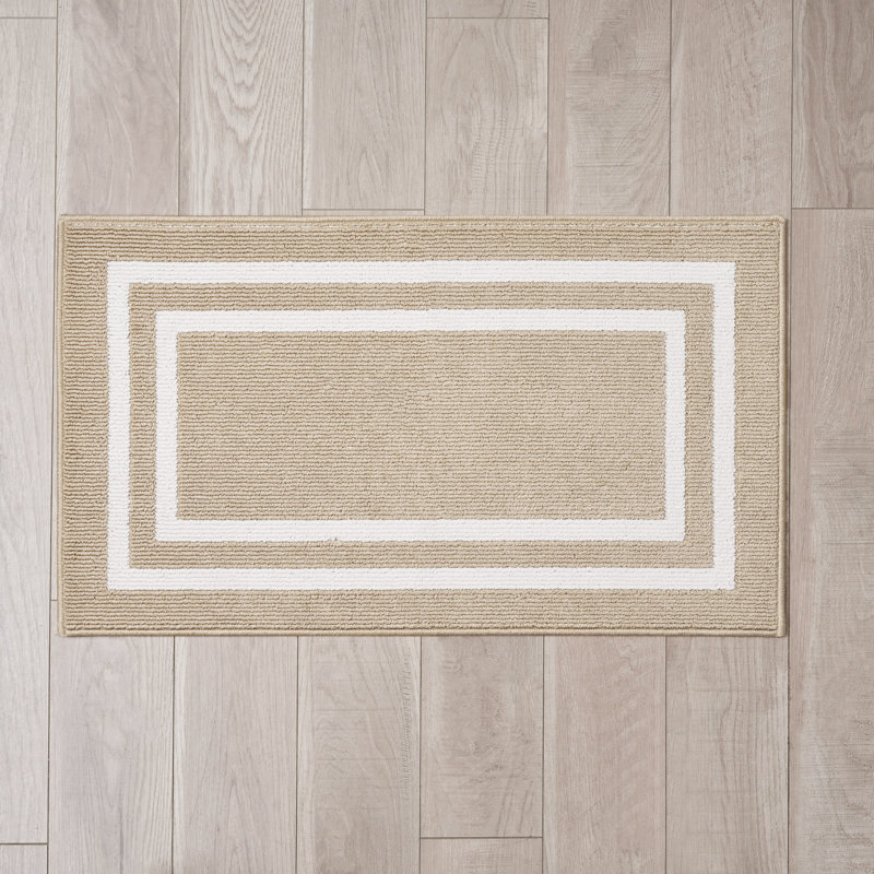 Double Border Machine Tufted Performance Beige/White Rug, Rectangle 2'2" x 3'9"