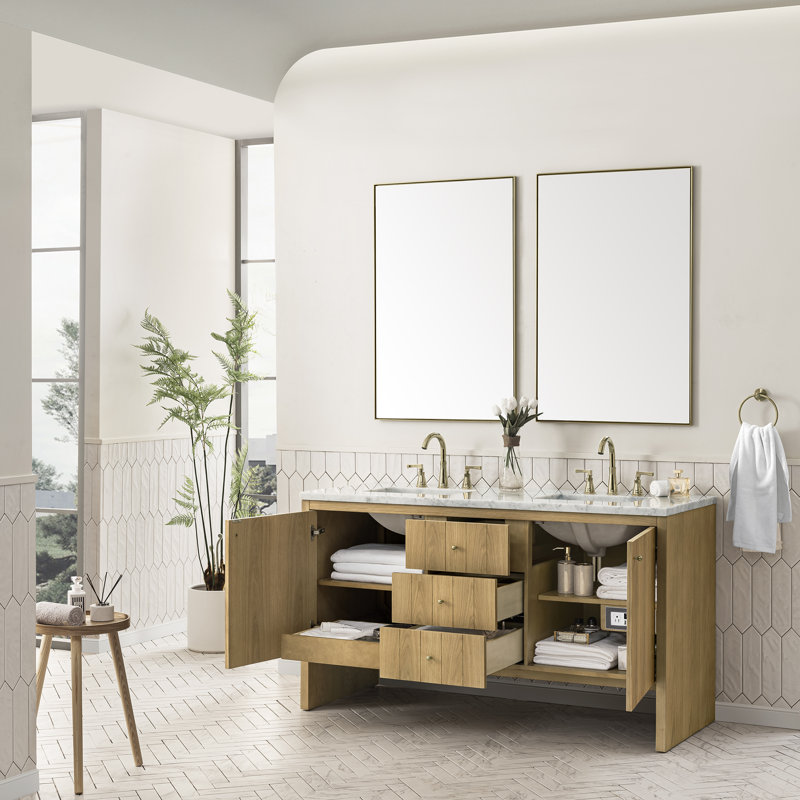Hudson 60'' Double Bathroom Vanity with Top, Carrara White, 8" Widespread, Light Natural Oak