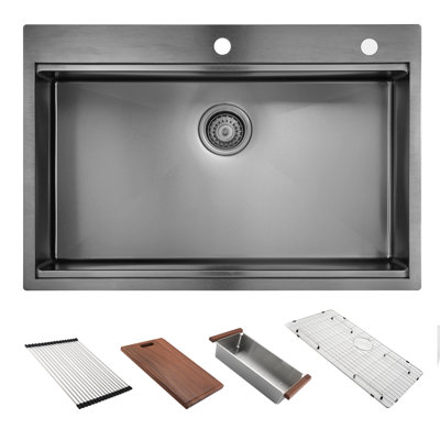 36" x 22" Drop in Kitchen Sink, HERCATE Stainless Steel Topmount Workstation Sink, Single Bowl with Integrated Ledge, Gunmetal Black