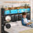 PU Upholstered Bed Frame with Storage Drawers & RGB Bookcase Headboard, Charging Station-642687624-655998781
