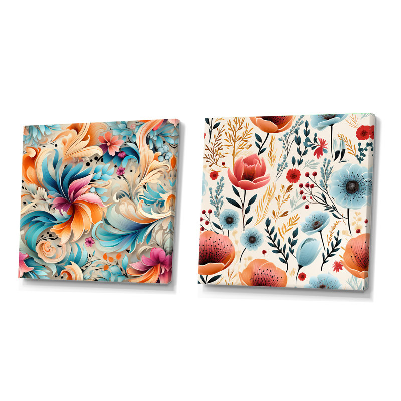 Zandra - Ensemble de 2 collages floraux carrés, Toile tendue, H 30 po x l 61 po