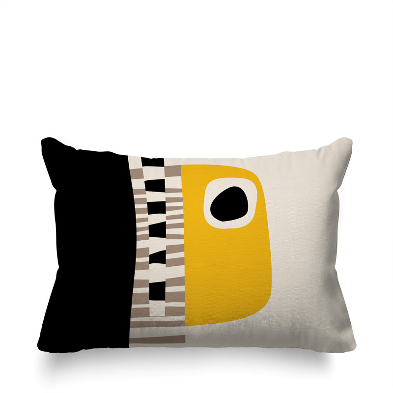 Oreiller rectangulaire réversible intérieur / extérieur Rikka, H 18 po x l 25 po, Jaune / noir / blanc cassé
