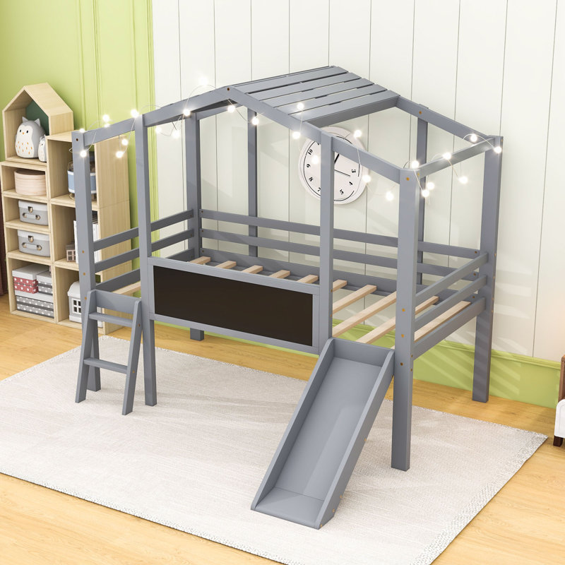 Twin Wood Loft Bed With Light Strip, Slide And Blackboard, Gray