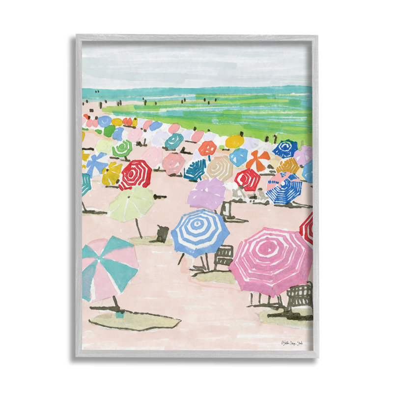 «Pastel Umbrella», plage remplie, aquarelle, paysage de ferme grise surdimensionnée, estampe numérique encadrée, art texturé par Stellar Design Studio