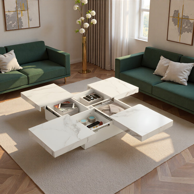 Table basse carrée en placage avec plateau coulissant et grand espace de rangement