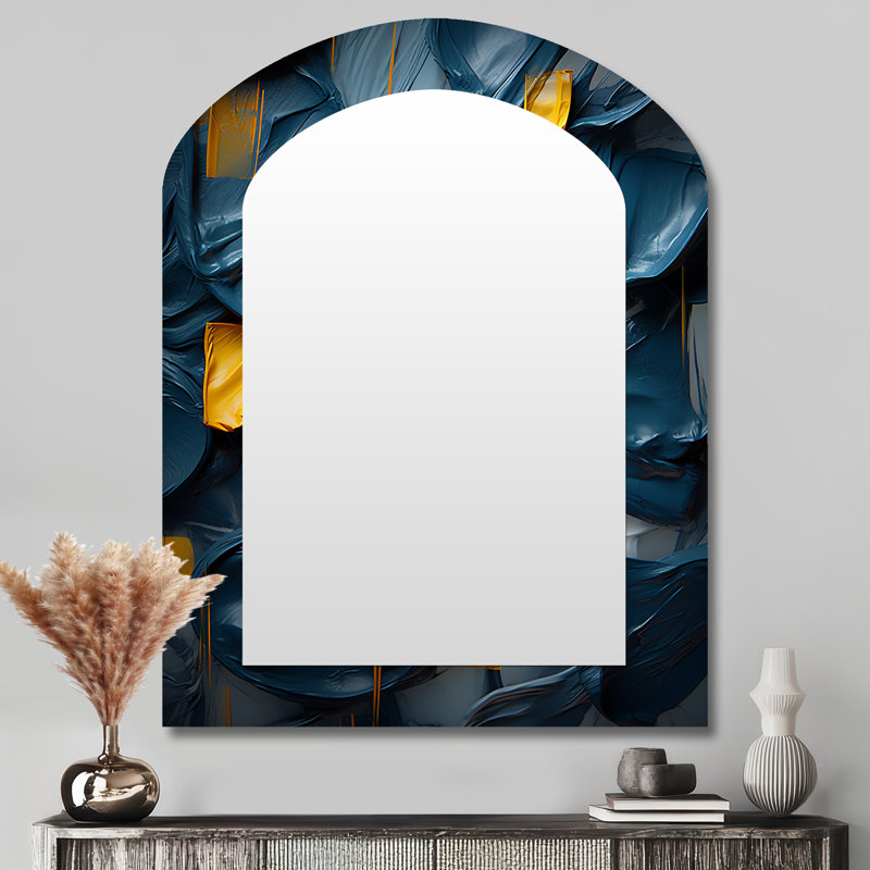 Printemps Bliss abstrait turquoise et jaune I - peinture abstraite grand miroir en arc, décor de miroir mural asymétrique moderne unique, impression d'art en métal
