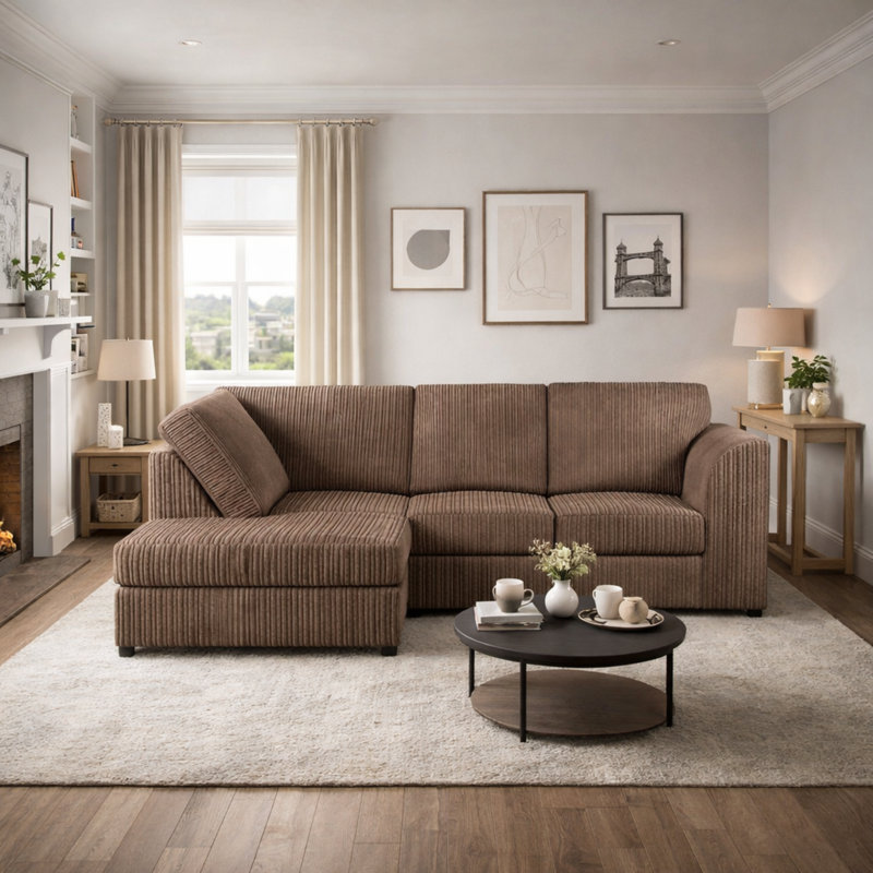 4 Seater Corduroy Corner Sofa , Beige, Left Hand Facing
