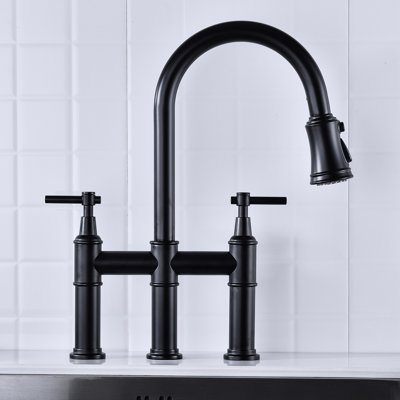 Matte Black Kitchen Faucet With Pull-Down Option - Dual Handle Switch For Accurate Water Control 360-Degree Rotatable High Nozzle Expanded Cleaning Space Brass Material Dependability Bridge Efficient