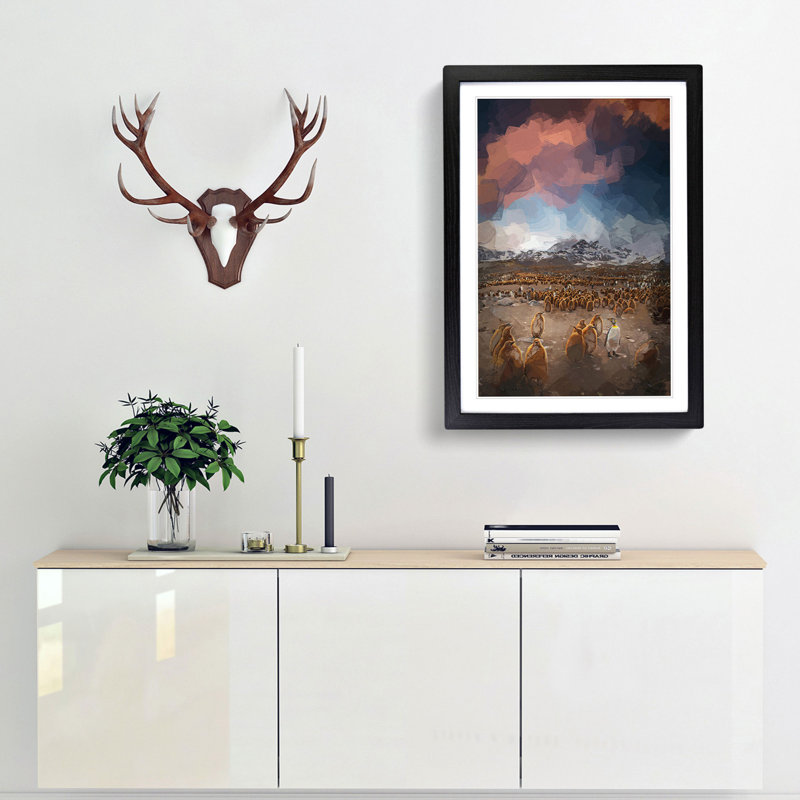 King Penguins & Mountains in Abstract - Picture Frame Graphic Art Print, 91cm H x 60cm W x 2cm D, Black