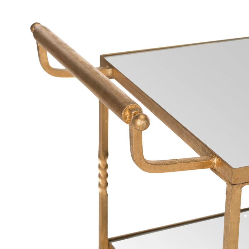 Élégant chariot-bar avec 3 tablettes en miroir, cadre en fer à roulettes H 33,6 po pour la maison, le bar et la cuisine