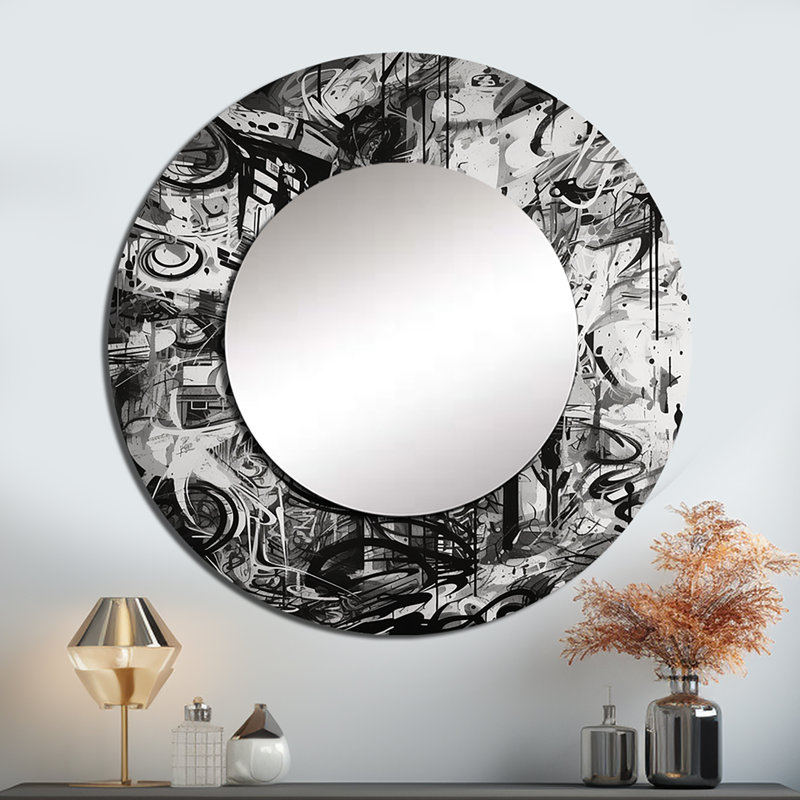 Parvinder noir et blanc Graffiti Cosmic II - miroir géométrique, miroir mural rond unique moderne, impression d'art en métal