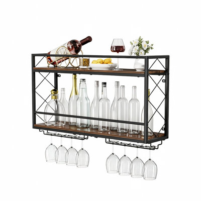 Wall Mount 2 Tier Wine Rack with Glass Holder for Home Kitchen