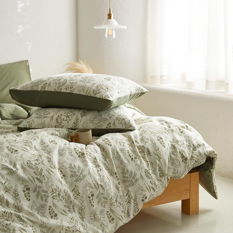 W-SJT-QingDai Green Leaves Flowers Plants Reversible Bedding Set Duvet Cover, Queen Duvet Cover + 2 Pillowcases