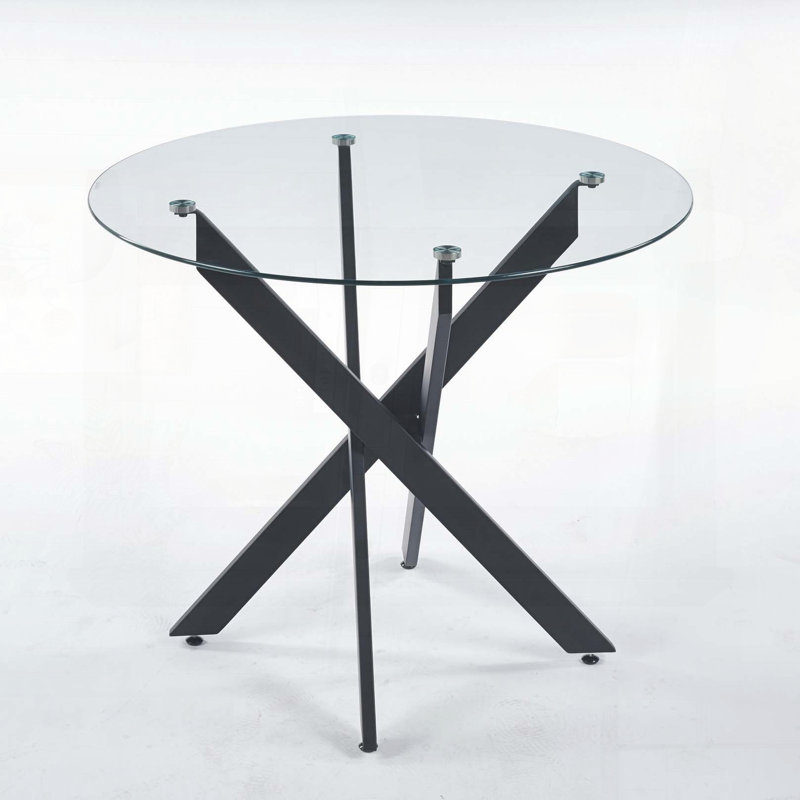 Table de salle à manger noire avec pieds croisés et verre trempé - moderne, Noir