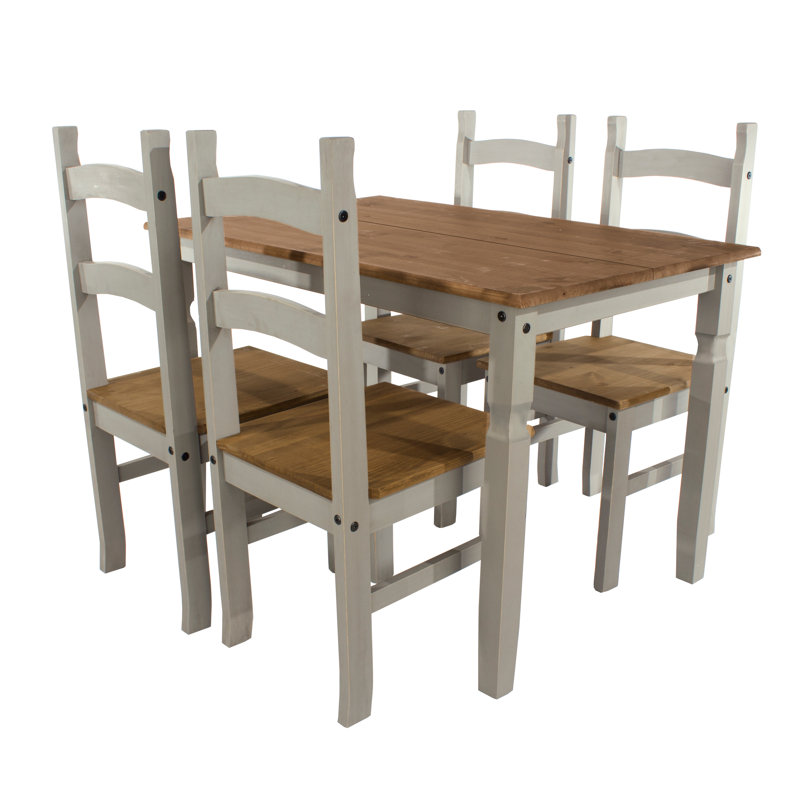 Archibold 4-Person Pine Solid Wood Dining Set, Grey and Antique Wax Finish with plank design table top