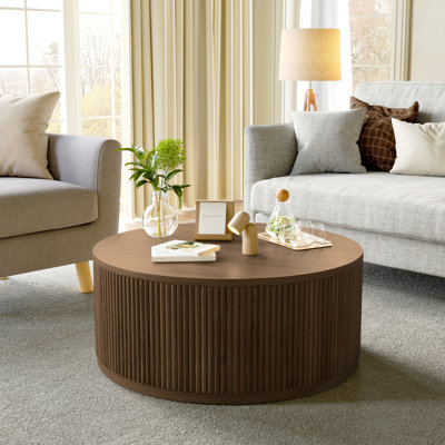Table basse ronde en bois massif de 36,5 po avec conception cannelée