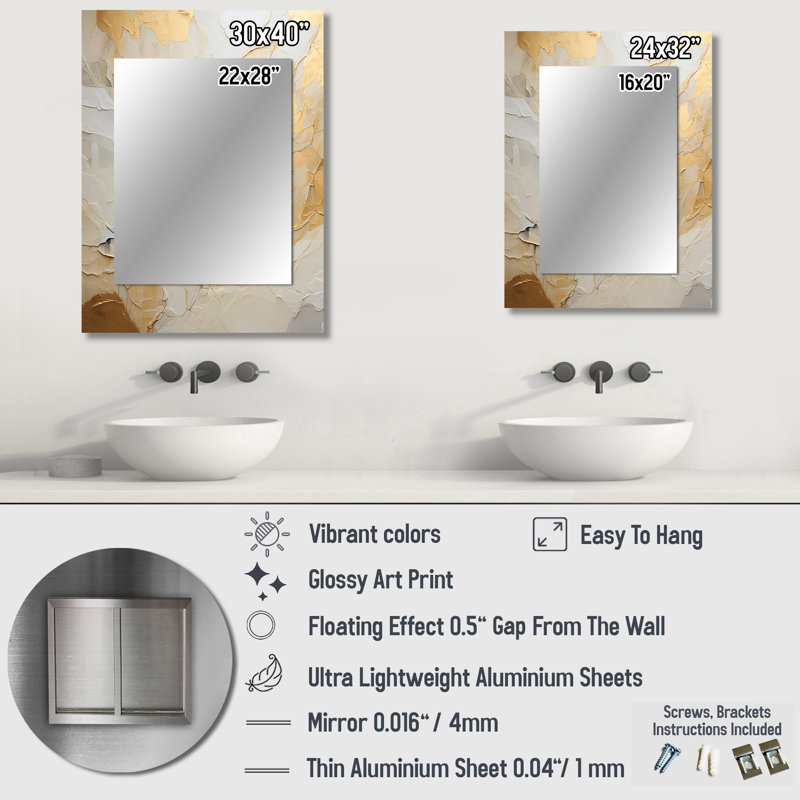 «Beige and Gold Glacier Stone Simplicity II», miroir mural décoratif de formes abstraites, miroir beige, impression d'art en métal