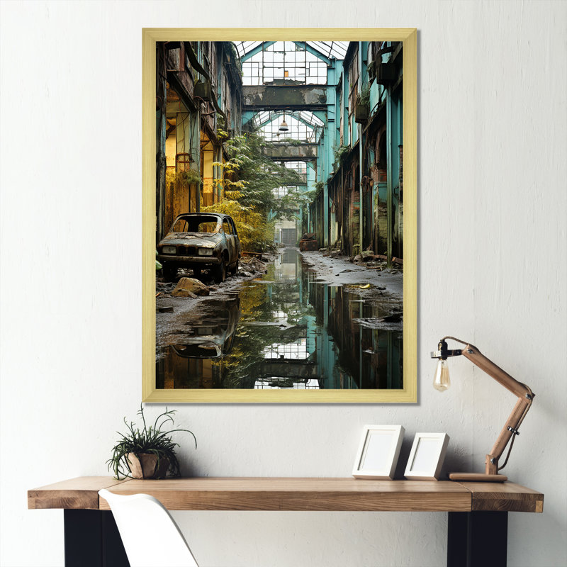 Paysage industriel, sarcelle, transformation sur toile, Cadre doré simple, H 40 po x l 30 po x P 1,5 po