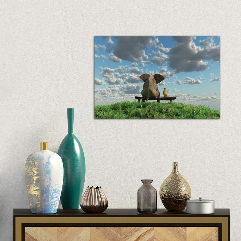 Elephant And Dog Are Sitting On A Meadow by Mike Kiev - Wrapped Canvas Print, 66.04 cm H x 45.72 cm W x 3.175 cm D