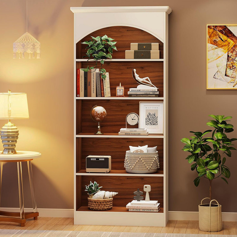 70.86" 5-Tier White & Oak Vintage Library Bookcase For Living Room, Office, Bedroom