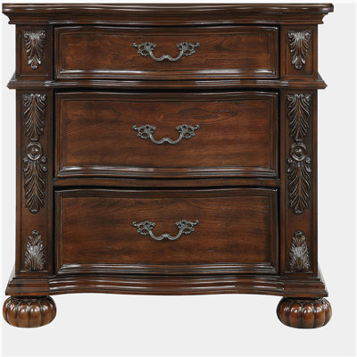 Classic Traditional Nightstand of 3 Drawers Cherry Finish Carving Wooden Bedroom Furniture 1pc