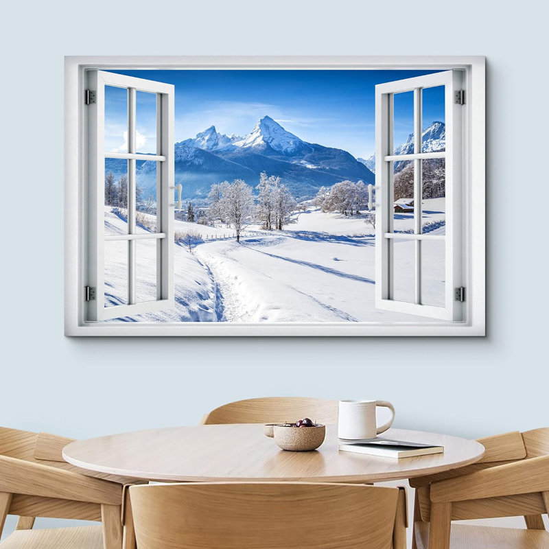 Fenêtre de paysage «Window View Blue Mountain Range Winter Forest Path Nature Images Scenic Landscape» sur toile