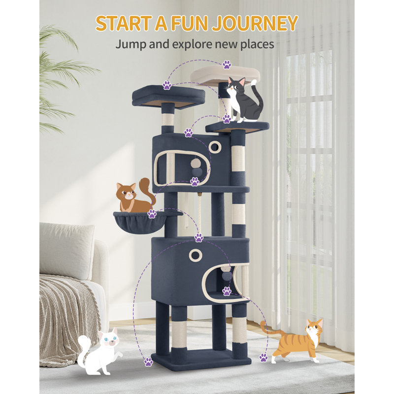180 cm Cat Tree for Indoor Cats, Cat Tower, Multi-Level Cats Condo with 8 Scratching Posts, 3 Platforms, 2 Caves, Basket, Plush Balls, Sisal Rope, Anti-Tip Kit 