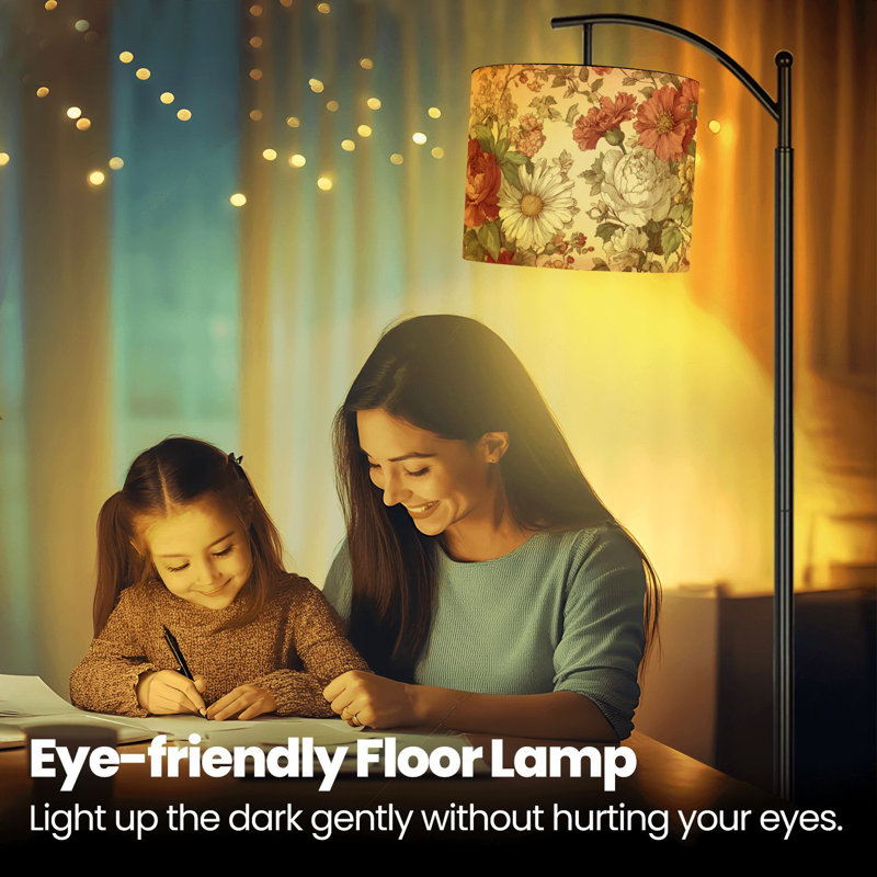 Lampe sur pied à arc avec abat-jour réglable Bohémien rétro fleurs roses marguerites sur toile beige Lampe sur pied 3 températures de couleur à intensité variable avec interrupteur au pied pour la chambre à coucher