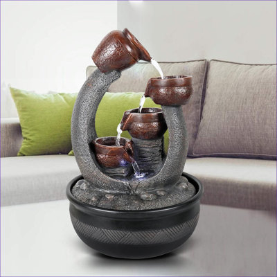Fontaines | Fontaine de table d'intérieur moderne à 4 niveaux de 15,7 po avec lumière DEL, pour bureau à domicile | Résine | Fontaine à niveaux