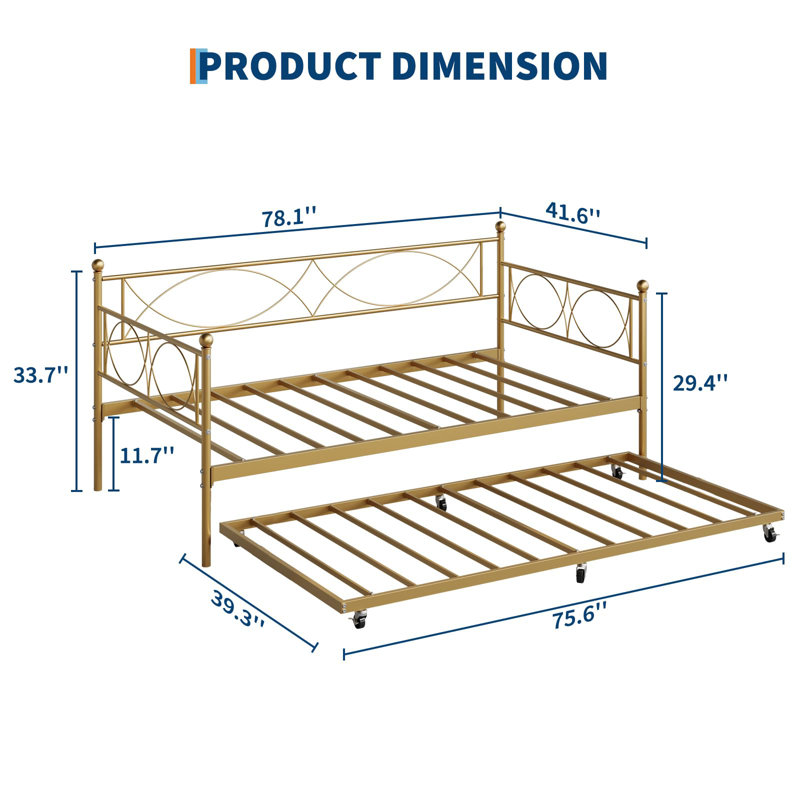 Twin daybed with Trundle, Metal Twin Daybed and Trundle Set, Day Bed Sofa Bed Frame with Steel Slat Support, Gold