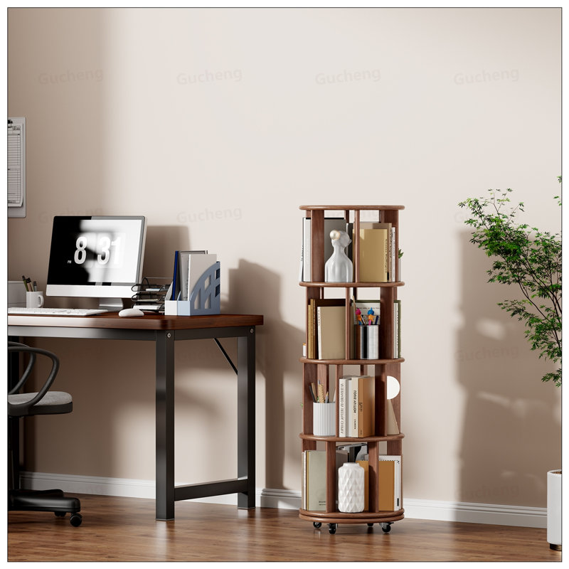 Solid Wood Rotating Bookshelf On Wheels, 4 Tier, Round Revolving Bookcase, 360° Spinning For Small Spaces And Corners