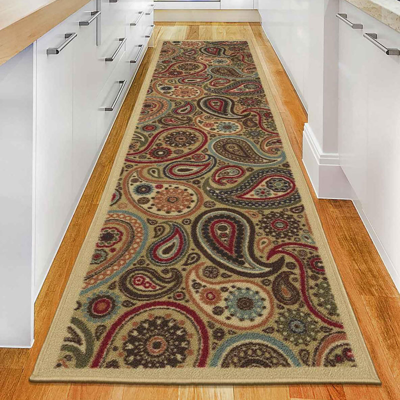 Contemporary Red and Beige Paisley Runner Rug with Non-Slip Backing