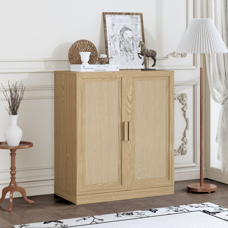 Rattan Storage Cabinet with Adjustable Shelves, Natural Wood, 36" H x 31" W x 16" D
