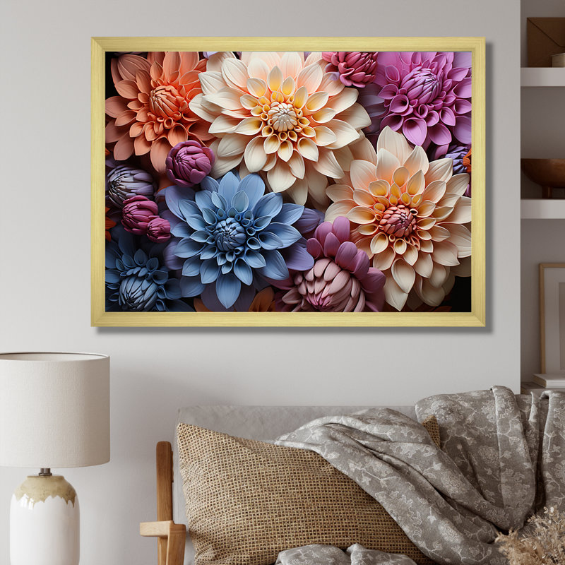 «Mums Burst» aux couleurs vives et éclatantes I sur toile, Cadre doré simple, H 34 po x l 44 po x P 1,5 po