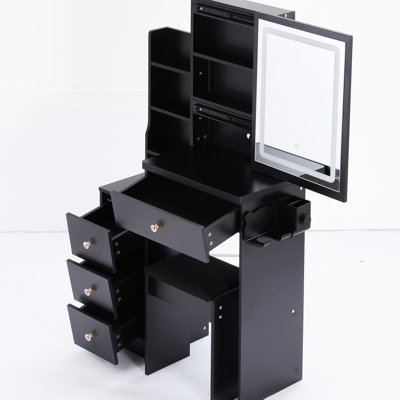 Meuble-lavabo gauche avec siège rembourré, 2 ports AC +, très grand miroir à DEL tactile, réglages, bureau d'ordinateur noir et tabouret - et miroir à commande tactile, style américain