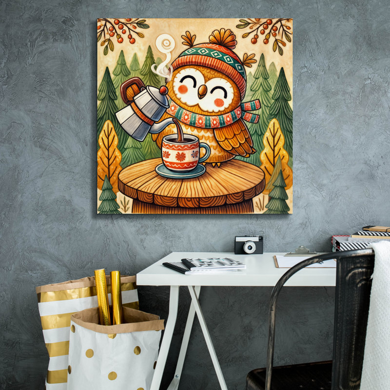 Toile épique Graffiti «Owl and Coffee 2» par Rey Klimt, 26 po x 26 po, H 26 po x l 26 po x P 1,5 po
