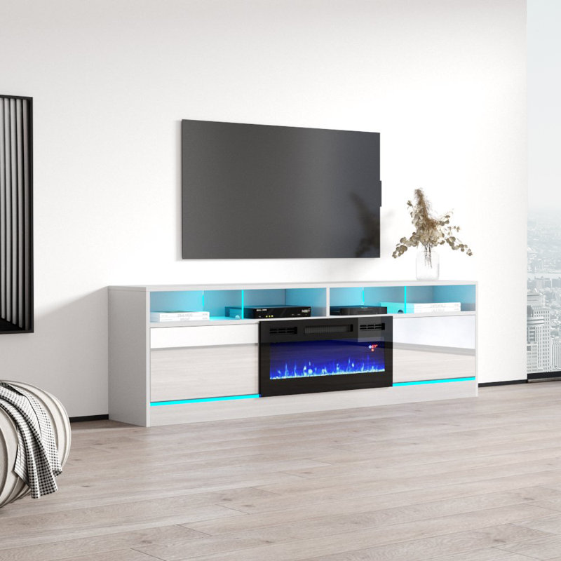 Meuble télé moderne avec foyer électrique 78,7 po Alexin, Blanc / noir