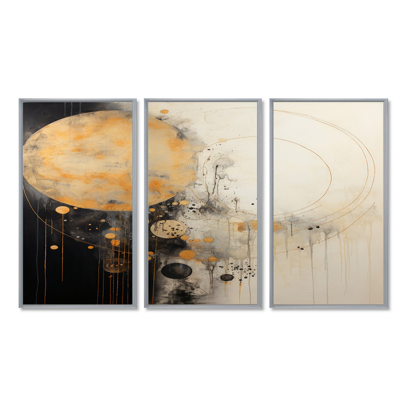 «Full Moon Time Balance I», ensemble d'art mural abstrait, Encadrement argenté, H 32 po x l 48 po x P 1 po