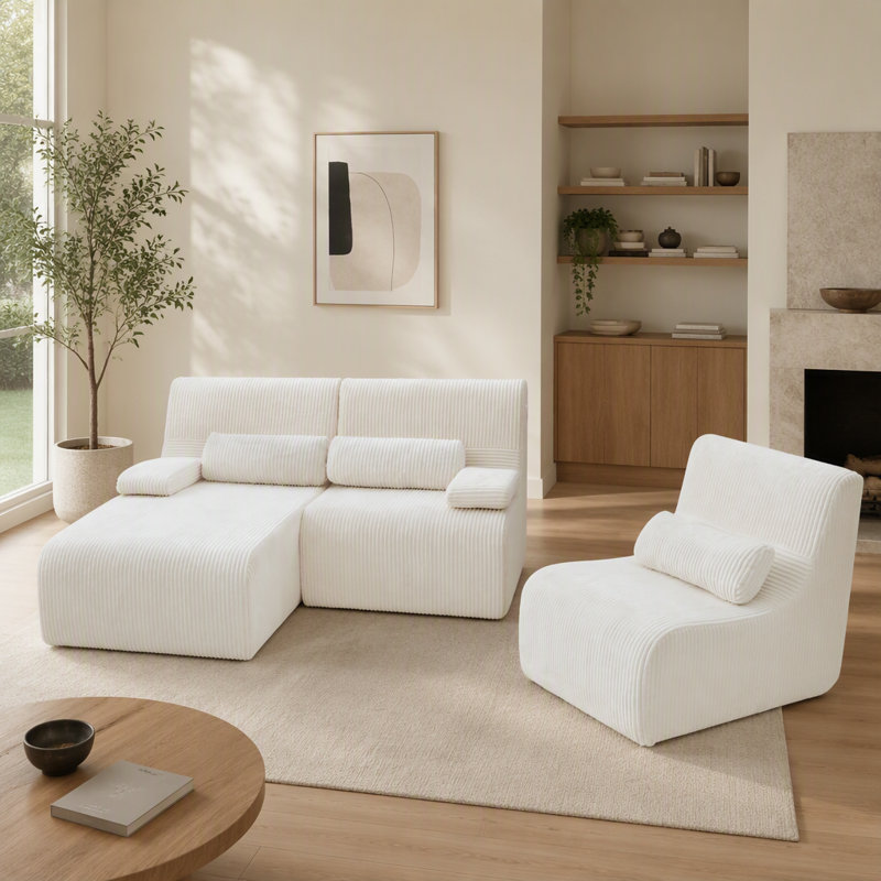 Canapé modulaire moderne en L de 98 po, Velours côtelé beige