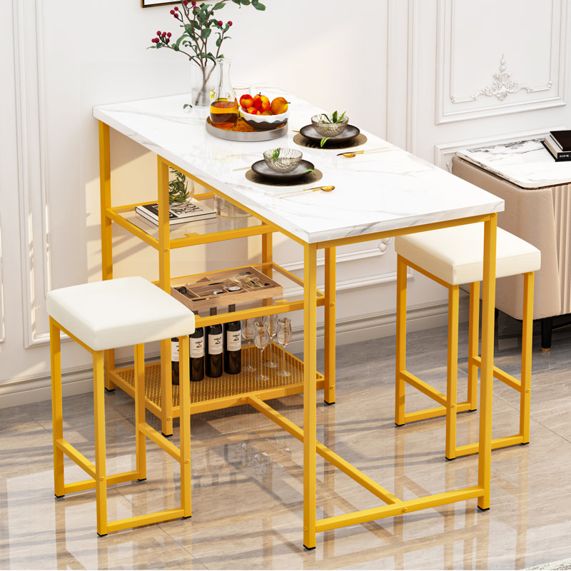 Ritsuko 3 Pieces Rectangular 41.3'' L x 23.6'' W Dining Set with Shelves and Upholstered Stools