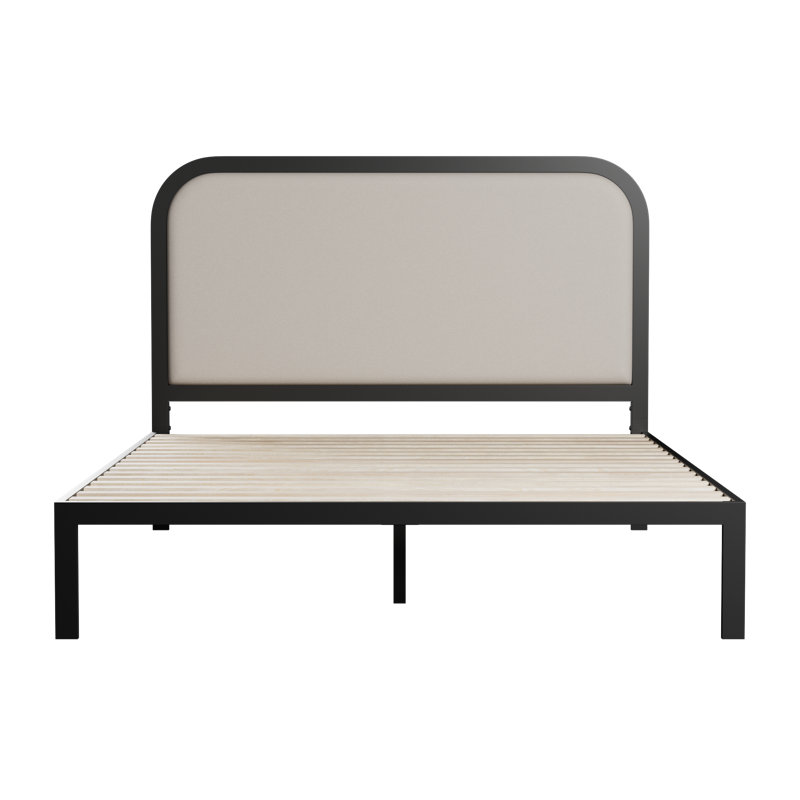 Black Metal Bed Frame with Rounded Upholstered Headboard