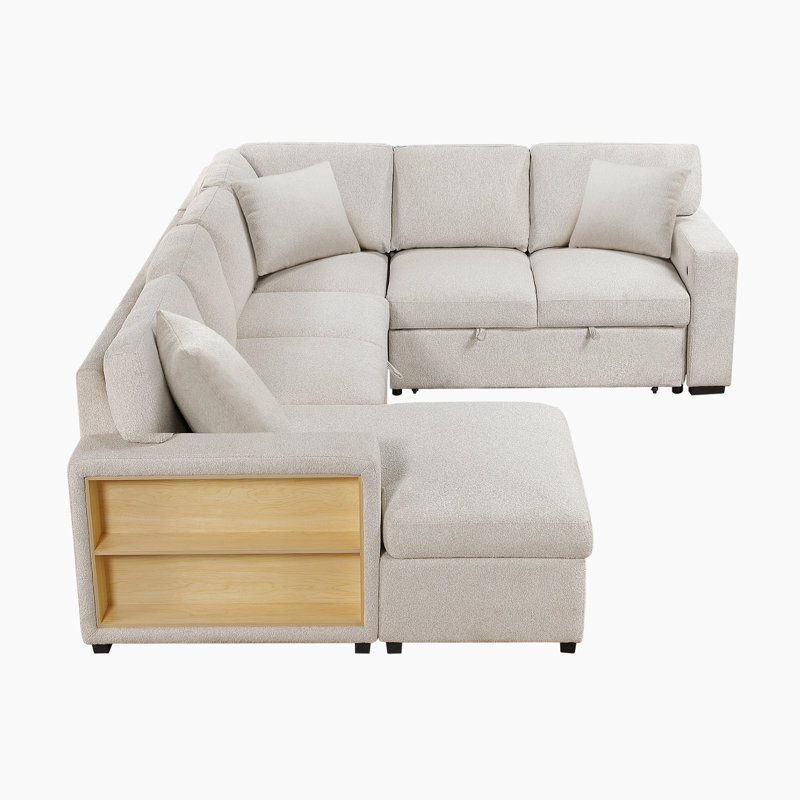 Meserve 121" Contemporary Square Arm Boucle Sectional with Pull-Out Bed, Beige Fabric, Left Hand Facing