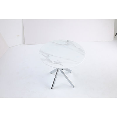 The Modern Circular Tempered Glass Tabletop Is Paired With A Silver Iron Frame, Measuring 35.43 Inches In Length.