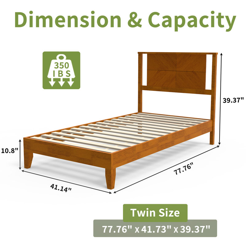 Twin Size Deluxe Bed Frame With Headboard With Solid Wood, No Box Spring Needed,  Easy Assembly, Rustic Golden Brown, Twin