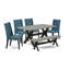 L'ensemble de table de salle à manger 6 pièces contient une table de salle à manger rectangulaire et 4 chaises rembourrées en tissu de lin kaki foncé avec un banc, patiné-572729871-572729872