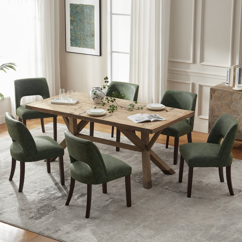 VKNOW Faux Leather Upholstered Dining Chairs Set of 6, High-Density Foam Cushion, Walnut Rubber Wood Legs for Dining Room, Bedroom, Green