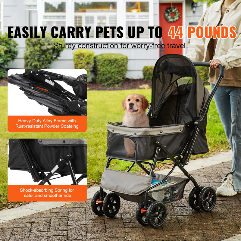 Pet Stroller, 4 Wheels Dog Stroller Rotate with Brakes, 44lbs Weight Capacity, Puppy Stroller with Reversible Handlebar, Storage Basket and Zipper, Black+Grey, Designed for Dogs and Cats Travel