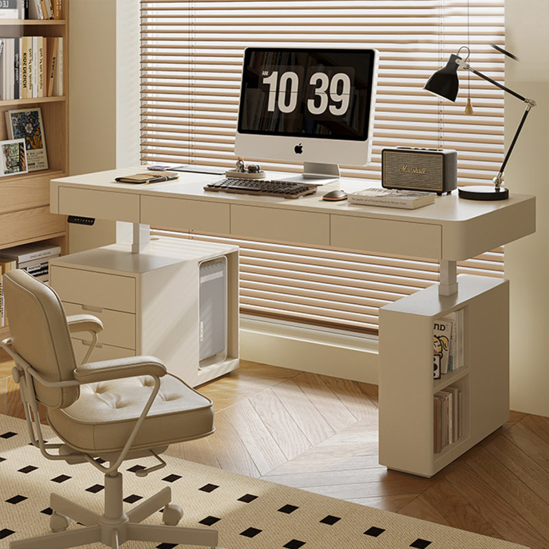 Bureau rectangulaire en bois manufacturé blanc + acier avec 4 tiroirs, H 54,33 po x l 70,87 po x P 27,56 po, Retour à gauche