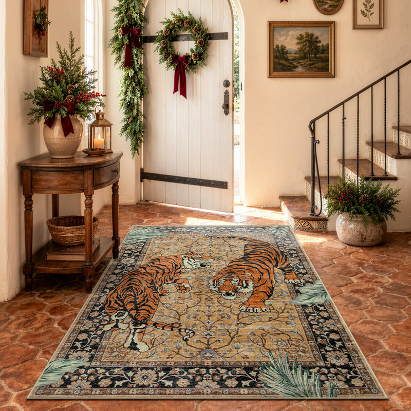 Goldene Vintage Tiger Desert Brown Washable Fall Area Rug - Soft Cashmere Carpet for Living Room, Bedroom, or Office