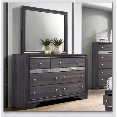 Ensemble de commode et miroir gris avec tiroir à bijoux caché, fabrication en queue d'aronde anglaise, accents argentés pour les chambres modernes